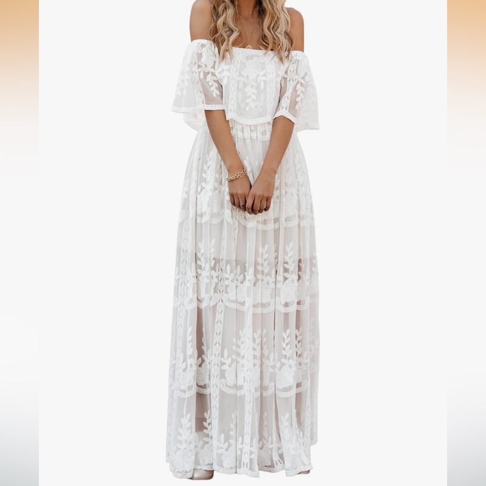 Elegant White Off-Shoulder Lace Dress NEW